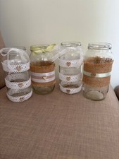 Decorated rustic jars for wedding, mixed patterns, hearts/hessian/ribbons