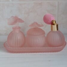 Vintage Vanity Set Frosted Pink Glass Flower Perfume Bottle Art Deco Miniature