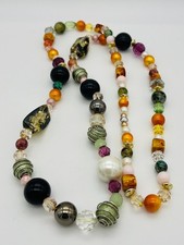 Fun Mixed Bead Statement Strand Necklace - Acrylic Autumn Multi Colours Long 40"