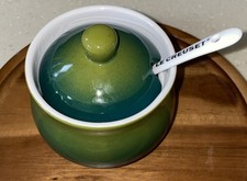 Le Creuset green Jar Pot With Teaspoon Jam,Spices,Sugar Ceramic Stoneware rare 