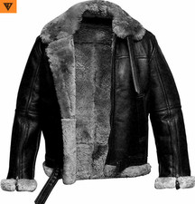 Men's RAF Genuine Sheep Skin Black Leather Jacket Aviator Pilot Flying Coat B3