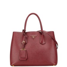 Prada Triangle Logo Plate Handbag/Shoulder Bag, 2-Way, Wine Red Saffiano Leather
