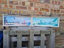 Vintage Mid Century Pair 20" x 7" Deakins Framed Art Prints Beach Boat Hut