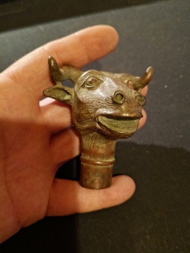 Bronze rams head walking stick - bronze,