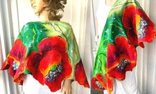 Hand Felted -ART Scarf /wool merino  and silk-poppy-