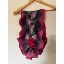 Handmade Felted Wool Scarf Nuno Felt Artisan Floral Ruffle Design Pink 