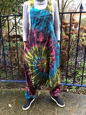 Rainbow Tie Dye Drop Crotch Dungarees Overalls Hippy Jumpsuit Romper Harem Pants
