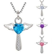 Crystal Heart Angel Cross Pendant Necklace 925 Sterling Sliver Women Girls Gift