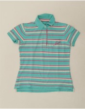 MUSTO Womens Polo Shirt UK 12 Medium Turquoise Striped Cotton CL01