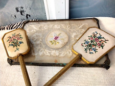 VINTAGE PETIT POINT LACE GLASS BRASS DRESSING TABLE SET - TRAY MIRROR BRUSH