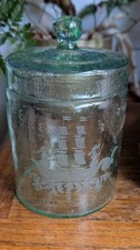 Rare Antique Green Blown Glass Etched Ship Jar with Lid