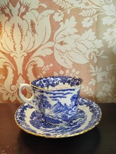 Antique Heathcote Blue and White Gold Trim China Old  Scenery Teacup & Saucer