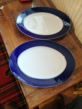 2x Rosenthal Classic Rose Cobalt Blue Stripe White Rim Oval Platters 37.5x28cm.
