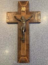 Antique Crucifix. French. Metal Jesus. Inlaid Wooden Cross. 12 Inches High