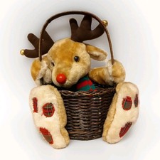 Rudolph Plush Reindeer Wicker Basket Christmas Decoration Cute XMas Decor