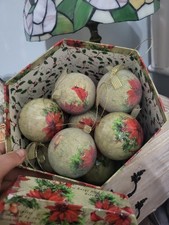 Set of 12 Poinsettia Sugar Coated Styrofoam Ball Ornaments w/ Red Ribbon in Box