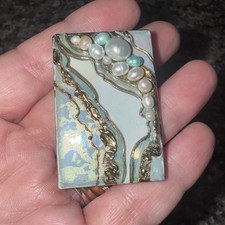 geode-style embedded baroque pearls Ceramic Brooch Signed 