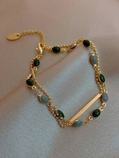Elegant Vintage Double-Layer Gold Bead Chain Bracelet Contrasting Enamel Oval