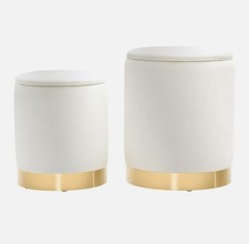 2pcs Round Ottoman with Storage Makeup Vanity Stool Golden Base Pouffe Footstool