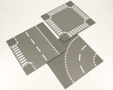 Lego dark bluish gray road baseplates with white edge lines and 6-stud margins