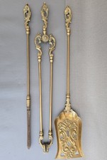 Vintage Large Solid Brass Fireside Companion Set of 3 Shovel Tongs Poker
