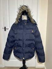 Boohoo Women’s Navy Puffer Jacket Coat UK 16 Faux Fur Hood Winter Warm