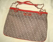 DKNY Beige Signature Monogram Red Leather Trim LARGE Shoulder BAG Chain Strap