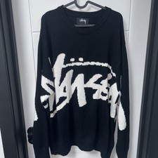 Rare Stussy Stock Logo Knit Sweater Black & White Streetwear XL