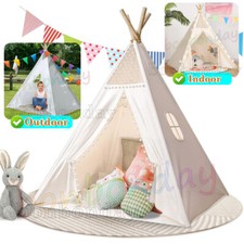 160CM Large Kids Teepee Canvas Wood Indian Tent Child Indoor Outdoor Play House