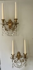 PAIR Antique FRENCH  BRASS AND GLASS  wall candle sconces
