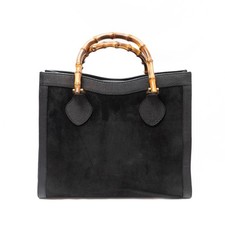 GUCCI Bamboo Hand Bag Suede Leather Black Gold Auth from JAPAN