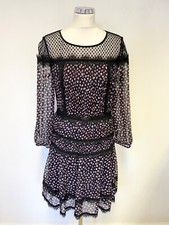 DIANE VON FURSTENBERG NAVY,BLACK RED& WHITE SPOT LACE TRIMMED DRESS SIZE 6 UK 10