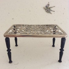 Large Victorian brass trivet - marked JG&S - rectangular 4 leg fireplace stand