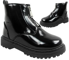 Girls Childrens Low Heel Front Zip Goth Punk Casual Party Ankle Boots Shoes Size