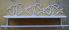 Vintage White Cream Fish  Metal Shelf  Towel Bar Shabby Chic Beach 5"x 8" x 19" 