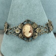 Vintage Bracelet silver filigree cameo green paste glass signed GM 21cm