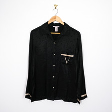 Victoria's Secret L/S Button Up Pyjama Sleep Shirt Black Satin Embroidered "V" M