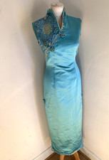 Chinese cheongsam dress US 8 UK 12 blue satin maxi mandarin brocade midi