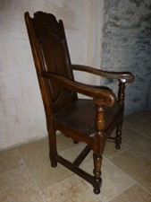 Antique 18th Welsh oak wainscot arm chair lambing library hall porters throne
