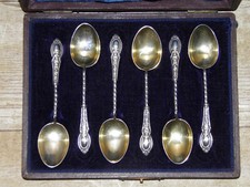 Edwardian Cased 6 Hallmarked Silver 1908 Gilt Tea / Coffee Spoons By Fraget & Co