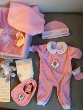 Tiny Treasures Dolls Baby Layette Basket with Romper Blanket Teddy Bib Dummy etc