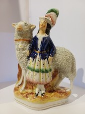 Very Early English Antique STAFFORDSHIRE POTTERY FIGURINE SHEEP GIRL WOMAN Lamb