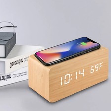 2in1 Wooden Wireless Charging Digital Alarm LED Clock Time Date Temperature Desk