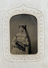 Woman & Flutina Musical Instrument & Pretty Hat with Veil Small Tintype Photo