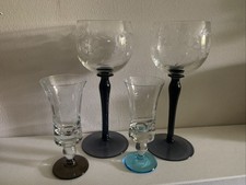 4 Coloured Stem Etched Glasses. Hock & Sherry.
