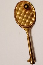 Cute Gold Tone Tennis Racket With Ball Pin Brooch Sports Gift