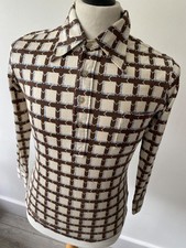 VTG mens 70s DAGGER COLLAR FITTED MOD BROWN CHECK LONG SLEEVE POP OVER  SHIRT 36