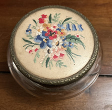 Vintage Petite Point embroidery Lidded Glass Powder Pot Gold Coloured Rim