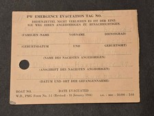 WWII German POW Emergency Evacuation Tag 1944 PMG Form Prisoner Document