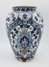 FINE LARGE ANTIQUE PALESTINE POTTERY IZNIK STYLE 10 INCH VASE c1925